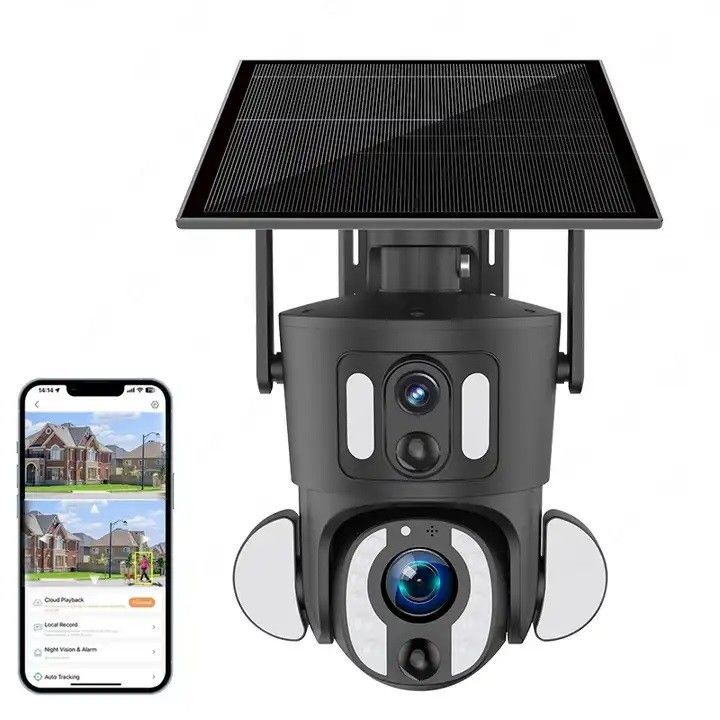 Câmera inteligente Wifi solar de lentes duplas com painel solar de 9W 5-40M IR Distância