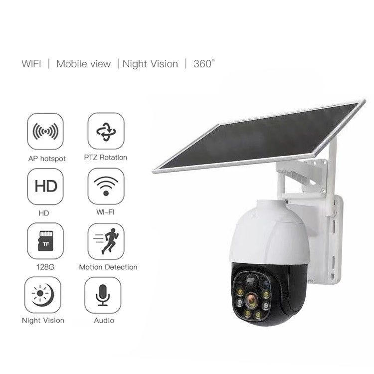 CE 2MP IP WiFi Câmera de Segurança Solar PTZ 360 Graus H.265 Wireless